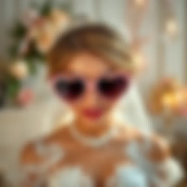 Stylish bachelorette heart sunglasses placed on a bridal-themed background