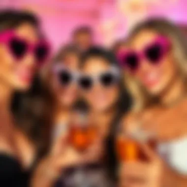 A group of friends wearing bachelorette heart sunglasses at a party