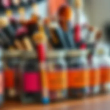 Creative display of jars with vibrant labels for brush categorization.