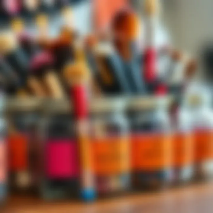 Creative display of jars with vibrant labels for brush categorization.