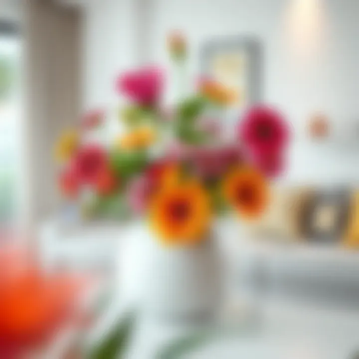 Vibrant Floral Display in a Contemporary Setting A white round flower vase filled with vibrant flowers in a modern living room