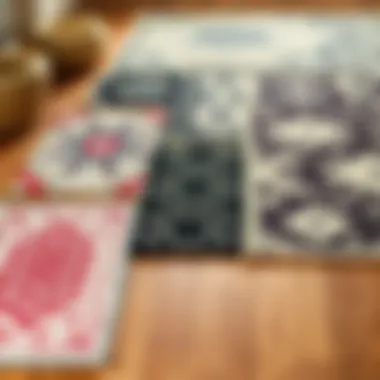Different patterns of affordable mats laid out on a wooden floor