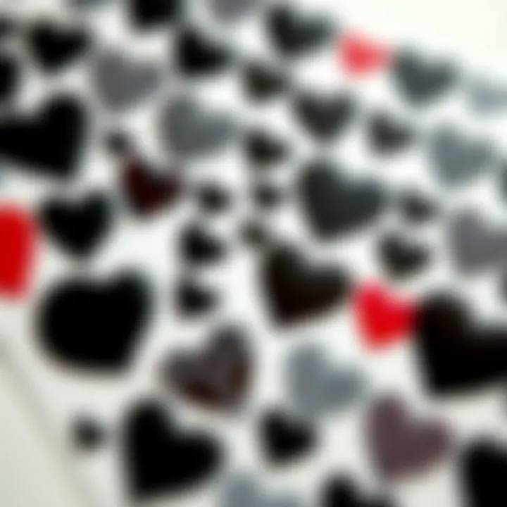A creative arrangement of black heart nail stickers with various patterns