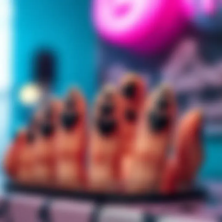 A stylish display of nails adorned with black heart stickers in a vibrant setting