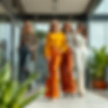 A stylish arrangement showcasing different ways to pair flare pants with tops and accessories