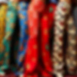 A vibrant display of colorful flare pants in various patterns and textures