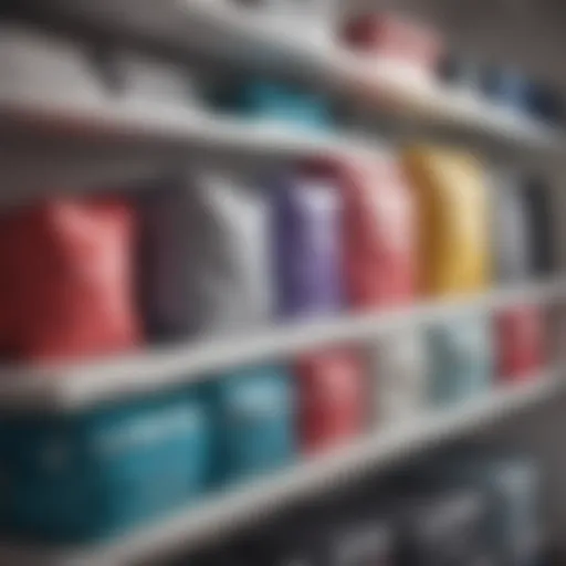 An array of vibrant compression storage bags neatly organized on a shelf