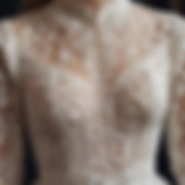 A close-up of delicate lace and embroidery on a vintage-inspired dress