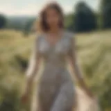 A serene countryside scene with a flowing dress amidst wildflowers