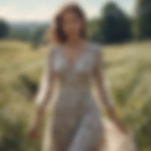 A serene countryside scene with a flowing dress amidst wildflowers