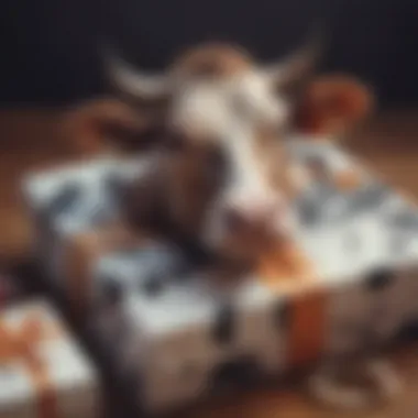 Artistic Cow Print Gift Presentation An artistic arrangement of gifts wrapped in cow print