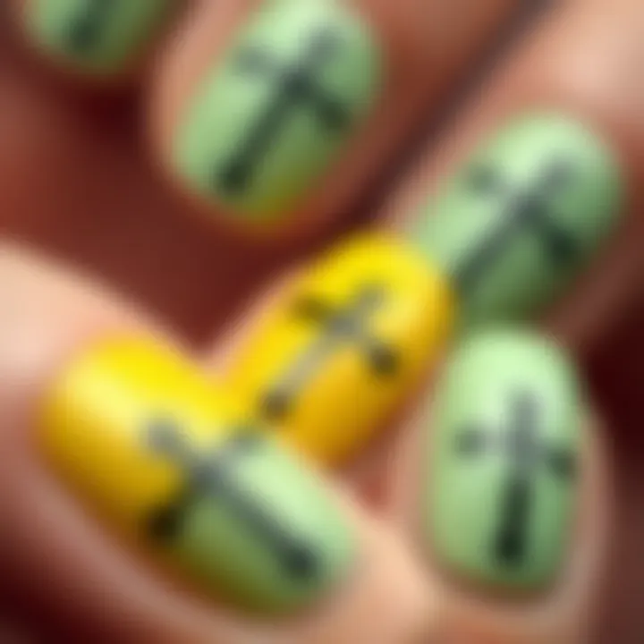 Close-up of cross nail decals applied on a vibrant nail polish base.