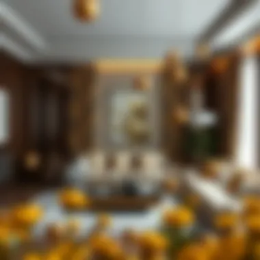 Stylish Living Room with Gold Accents Sleek living room featuring gold floral curtains