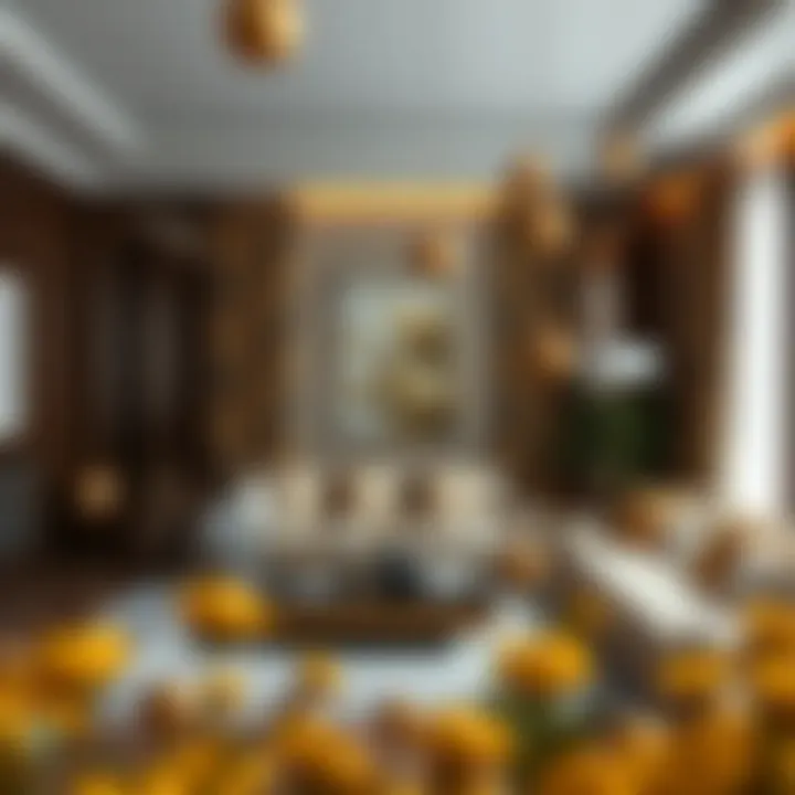 Stylish Living Room with Gold Accents Sleek living room featuring gold floral curtains