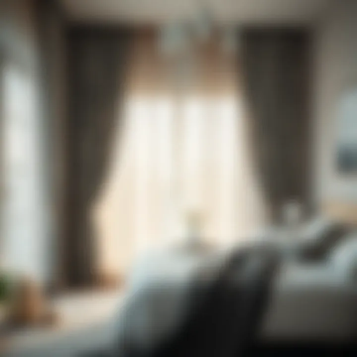 Tranquil Bedroom with Sheer Curtains A serene bedroom setting adorned with gray floral sheer curtains, enhancing the tranquil atmosphere.