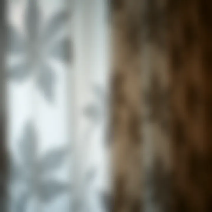 Close-Up of Fabric Texture Close-up of the delicate fabric texture of gray floral sheer curtains, highlighting the quality of materials used.