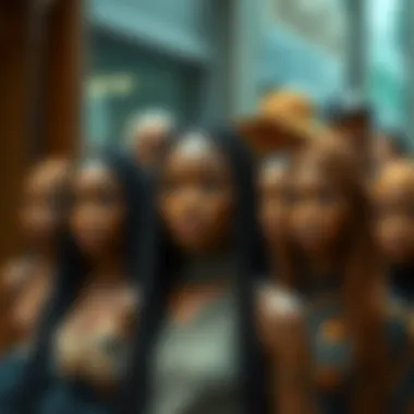 A fashionable display of various braided wigs emphasizing unique styles