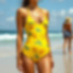 Vivid lemon-patterned swim suit on a beach