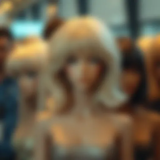 A collection of stylish medium wigs in various colors and textures