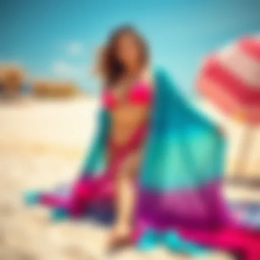 Elegant Beach Cover Up A vibrant plus size swim cover up draping elegantly on a beach towel