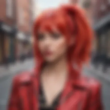 Fashion influencer showcasing the red skunk stripe wig in an urban environment