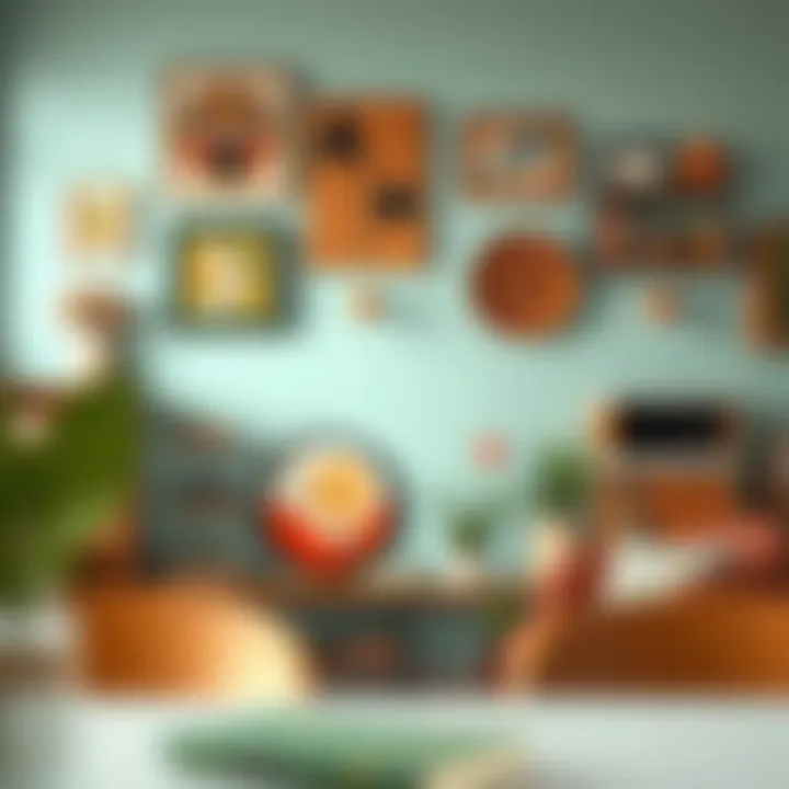 Mid-century modern decor elements including wall art and shelves