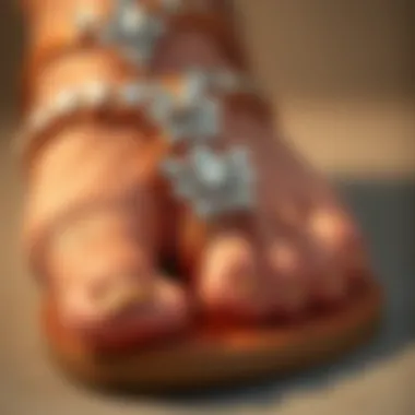 A close-up view highlighting the rhinestone embellishments of toe ring sandals