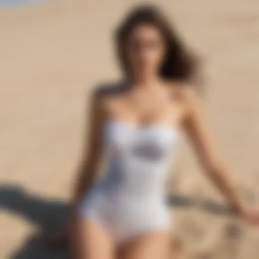 Elegant strapless bathing suit displayed on a sandy beach