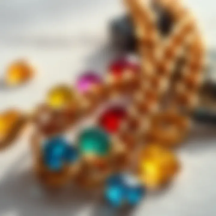 Artistic Interplay with Figaro Chain and Gemstones Artistic display of a Figaro chain intertwined with various gemstones