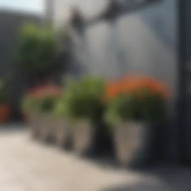 Modern Outdoor Arrangement with Metal Pots Stylish metal iron pots arranged in a modern outdoor setting