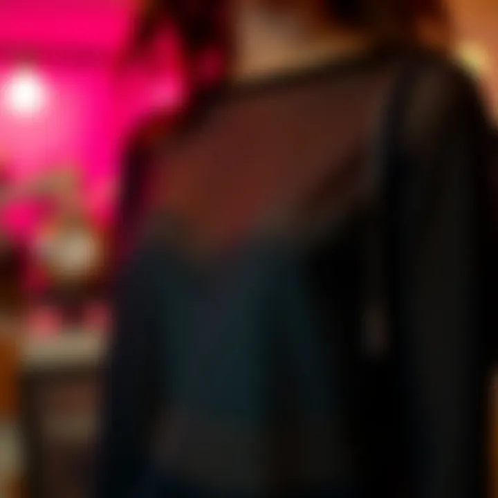 Close-up of the fabric texture of a black see-through long sleeve shirt