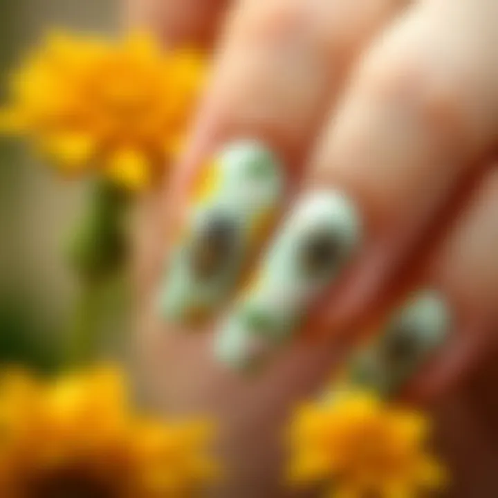 Nature's Inspiration in Nail Art A creative display of nature-inspired nail art featuring bee motifs.