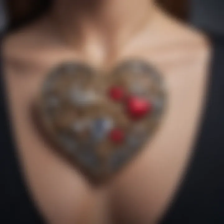 Close-up of a heart necklace featuring unique design elements