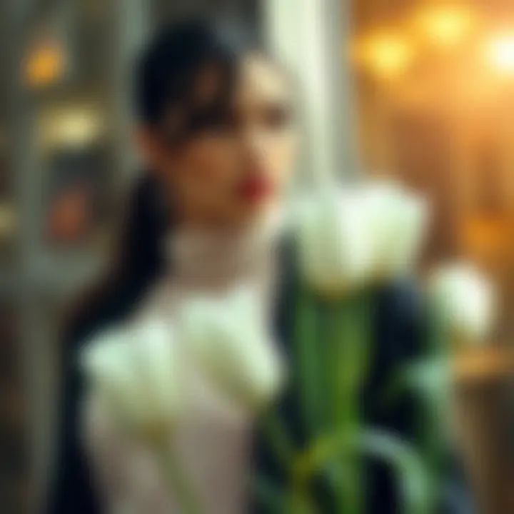 Stylish fashion ensemble featuring white artificial tulips as an accessory