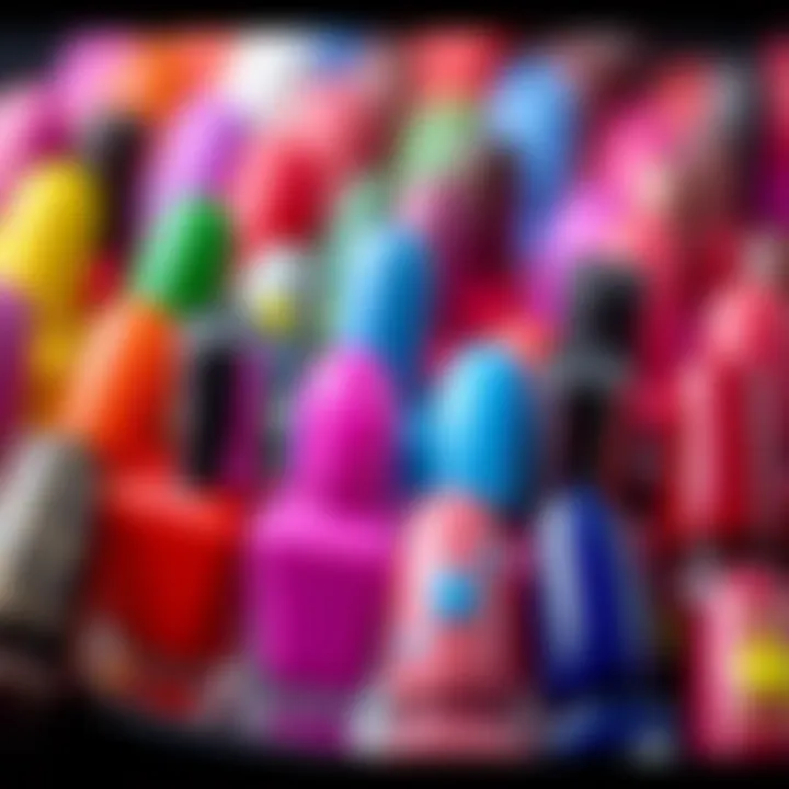 An array of vibrant nail polish colors suitable for magnetic nail art, displayed artistically