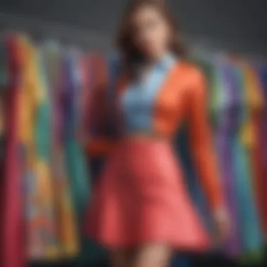 A vibrant display of color-coordinated skirts and tops in various fabrics.