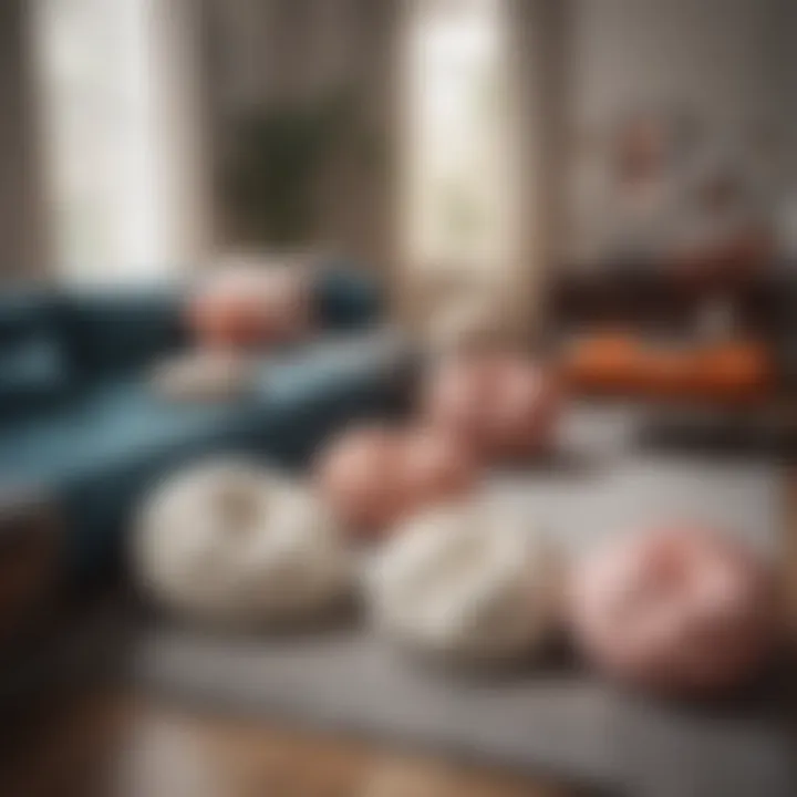 A cozy living room setting featuring various knot floor pillows