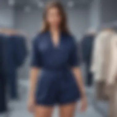 Chic navy blue romper showcased at a fashion event