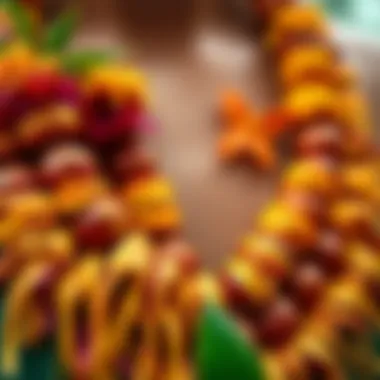 A close-up view of vibrant luau necklaces made from traditional materials