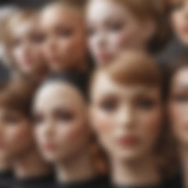 Various types of mannequin heads displayed for education