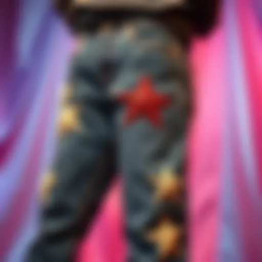 Stylish jeans with star patches displayed on a vibrant backdrop