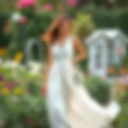 Elegant white dress showcased in a serene garden setting