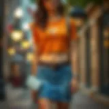 A stylish distressed denim skirt paired with a chic top and accessories.