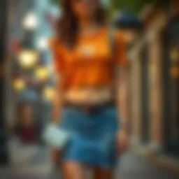 A stylish distressed denim skirt paired with a chic top and accessories.