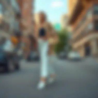 Fashionable outfit paired with white square toe mules in an urban setting