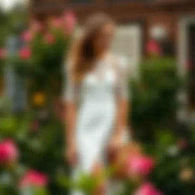Stylish outfit featuring a white summer lace dress in a garden setting