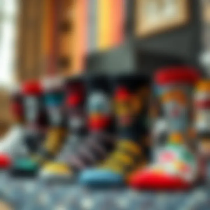 A stylish arrangement of various anime crew socks representing fashion trends