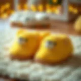 A cozy pair of yellow bear slippers on a soft rug.