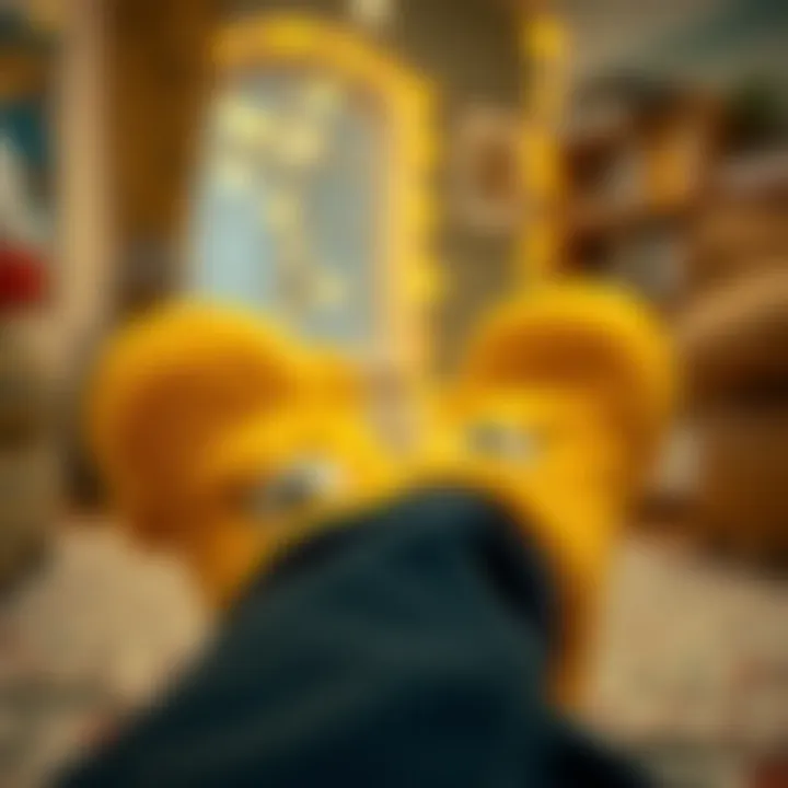 Yellow bear slippers being worn casually at home.