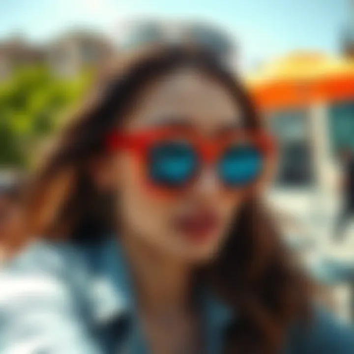 Flame sunglasses worn in a trendy outdoor setting